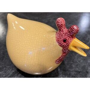 Chubby Ceramic Chicken Beige yellow crazed hand painted Hen Chicken 7 1/2 x 4 in